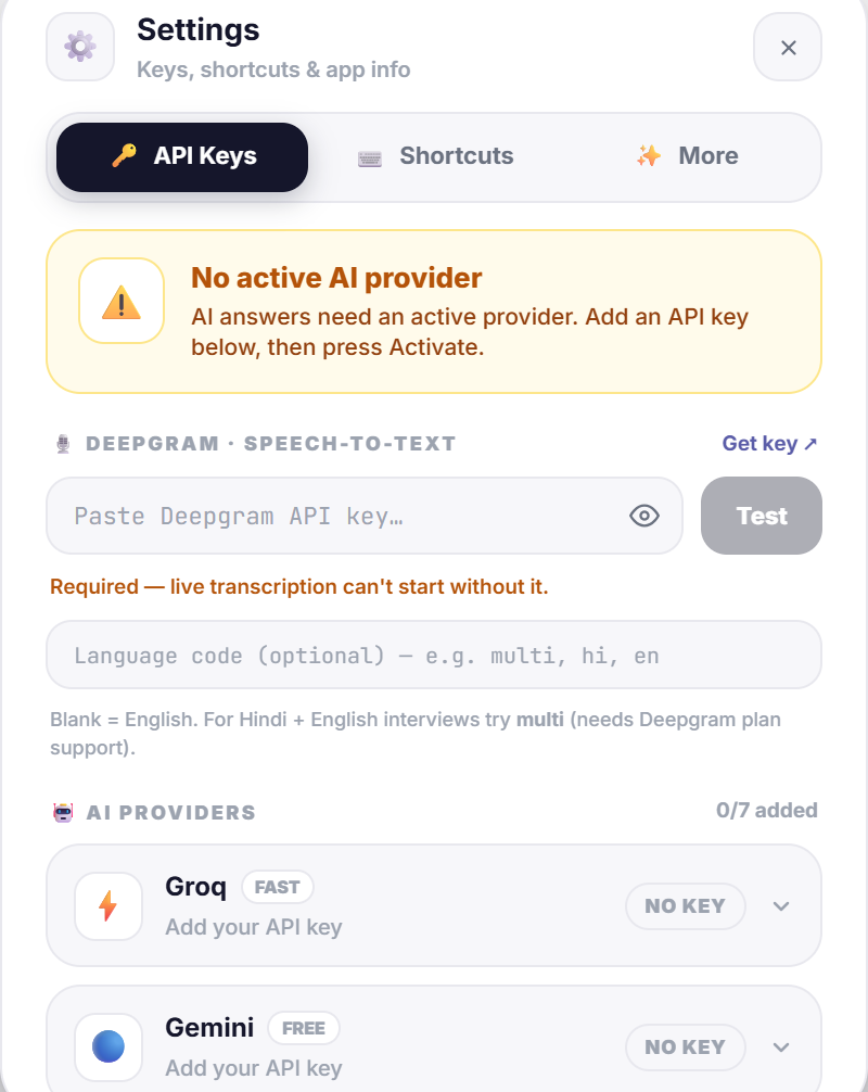 Ghotly AI settings: Deepgram key field and the list of AI providers with their key status.