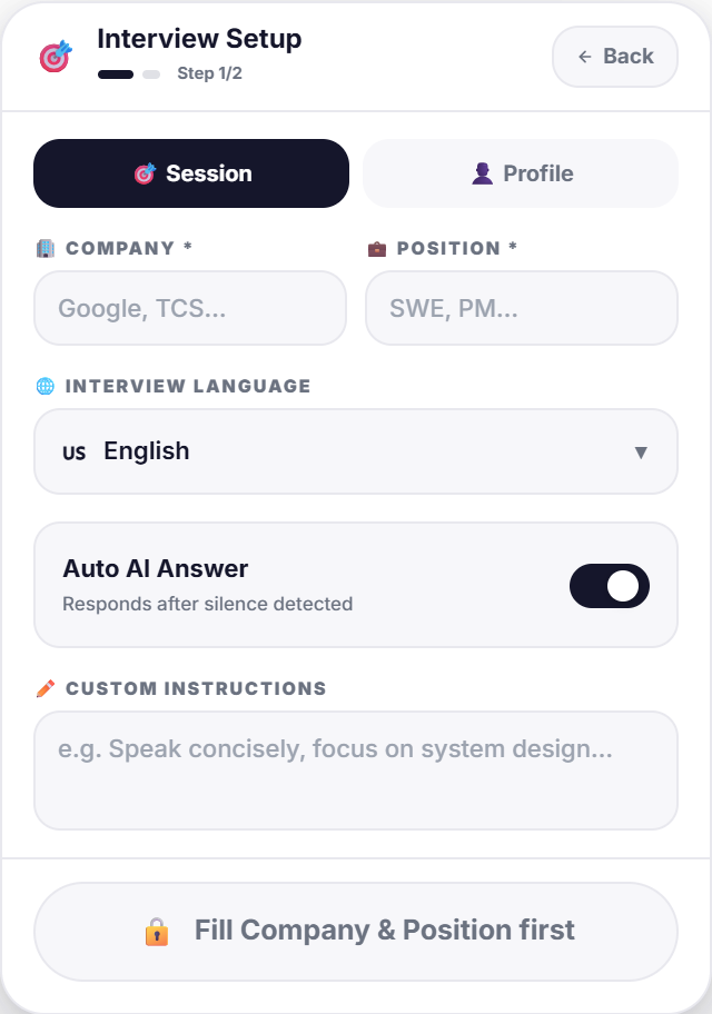 Ghotly AI interview setup: company, position, interview language, auto AI answer toggle and custom instructions.